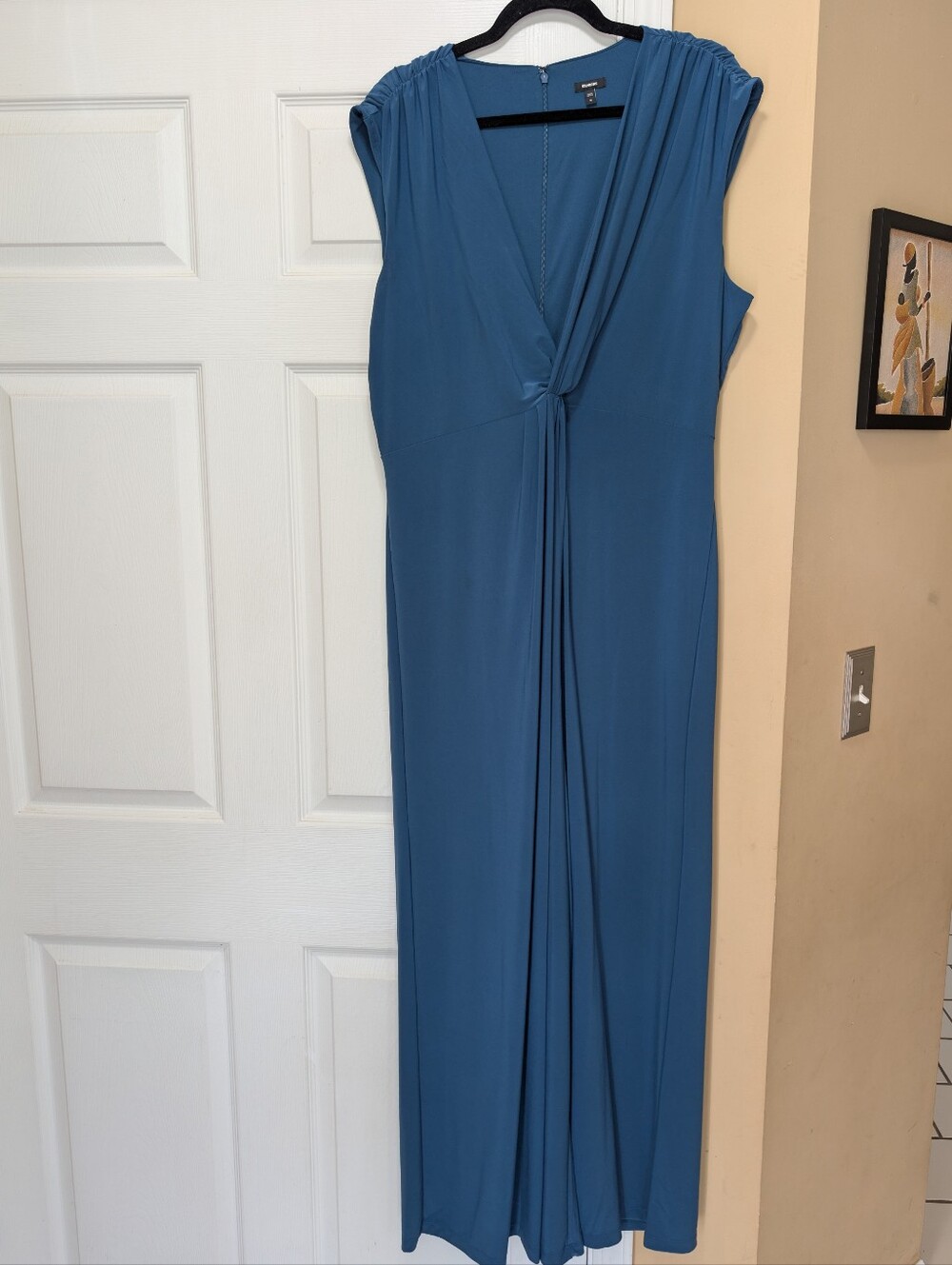 Deep Teal Express Wide Leg Twist Front Plunge Neck Ruched Shoulder Jumpsuit